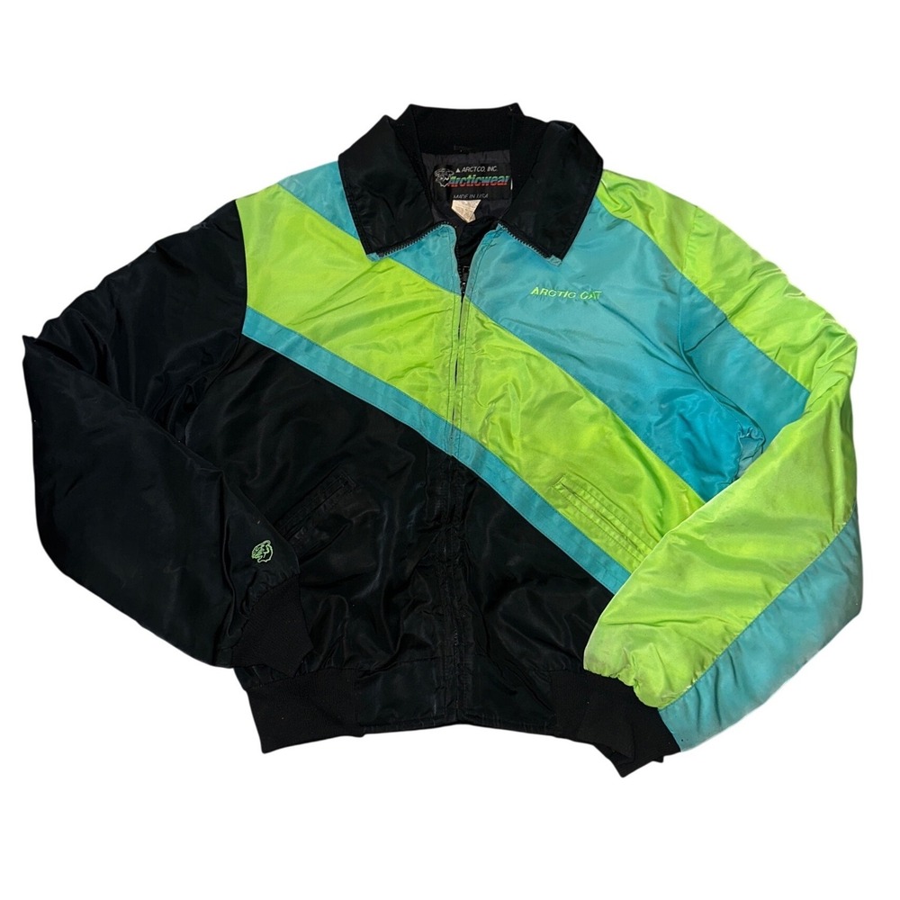 Vintage Arctic Cat Arcticwear Bomber Jacket Neon Green Teal Black Mens MT USA